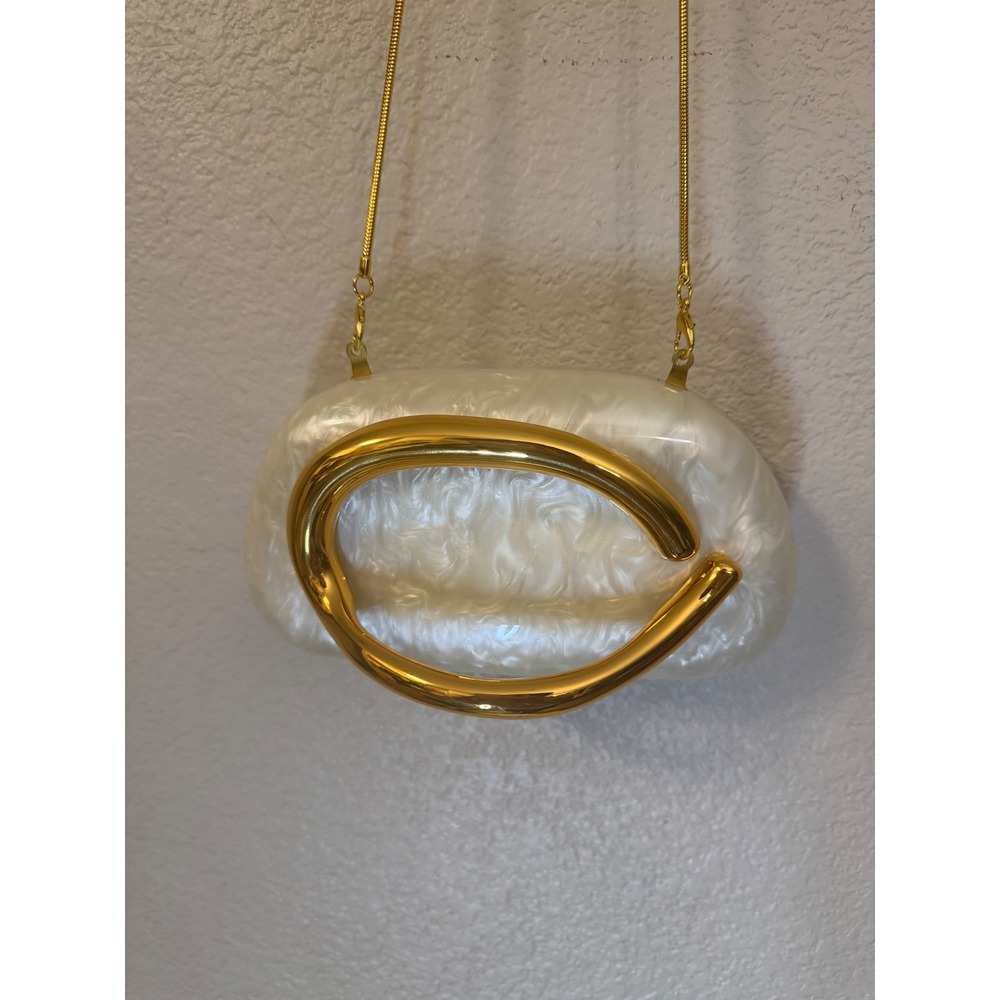 unbranded Pearl Acrylic Clutch Gold Handle Crossbody Bag White Marbled